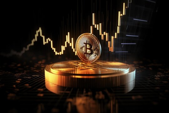 Bitcoin Coin With A Rising Chart On A Black Background