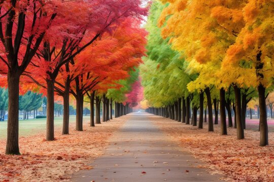 Colorful Row Of Trees In A Park Beautiful Park Scenes, Diversity Of Tree Types, Colorful Seasonal Palettes, Park Maintenance Tips, Health Benefits Of Trees