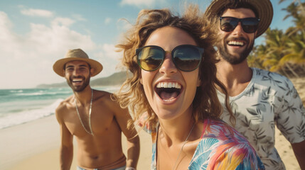 Fototapeta premium Young multicultural people in beach laughing against tropical beach
