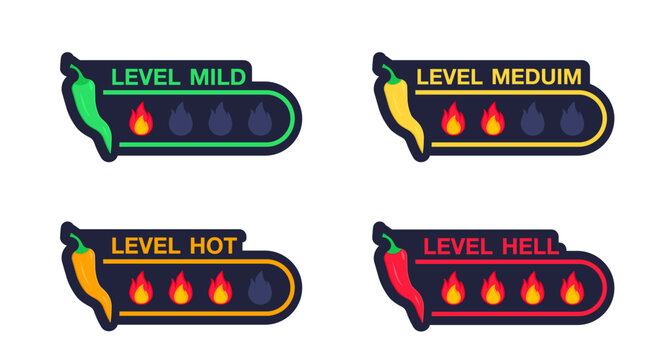 Chili pepper spicy food level icon collection, mild, medium hot and hell level. Hot spicy level vector labels of spice food and sauce taste scale. Spice taste fastfood labels. Vector illustration