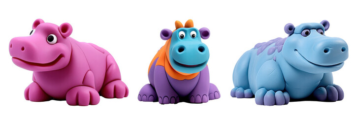 Funny hippos shaped from plasticine, different versions, cartoon, isolated