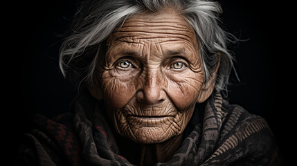 A contemplative portrait of an elderly woman, her face etched with a lifetime of experiences and wisdom