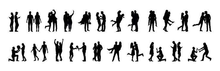 Fotobehang Romantic couple in various poses silhouettes collection set. Couple falling in love different poses isolated on white background silhouette set. © Andreas