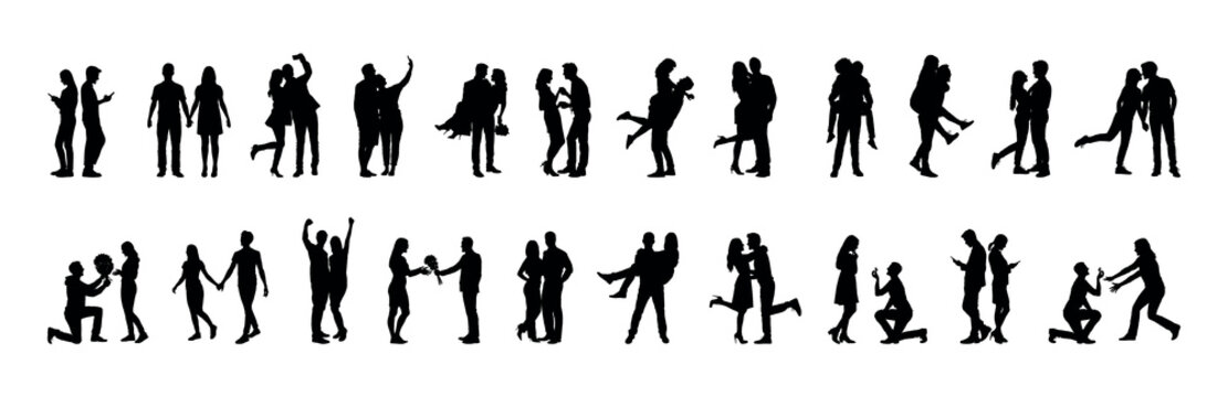 Romantic couple in various poses silhouettes collection set. Couple falling in love different poses isolated on white background silhouette set.