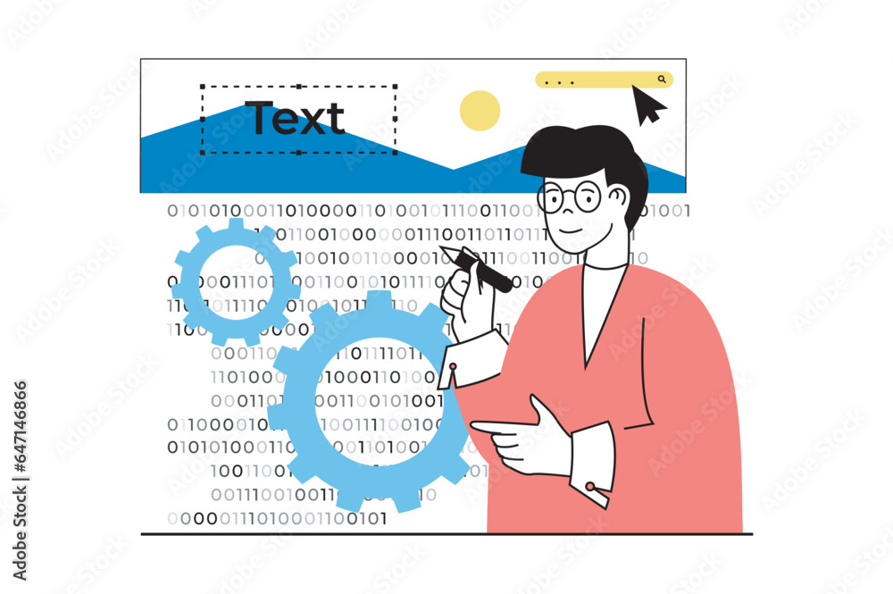 Aufkleber Web development concept with people scene in flat design. Man works with abstract programming code, engineering and creating homepage. Vector illustration for social media banner, marketing material.