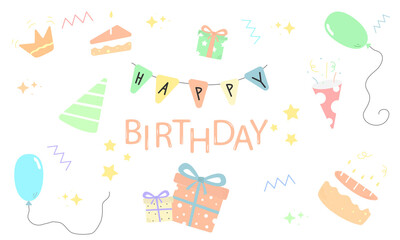 Set of  decoration Happy Birthday Doodle concept illustration, web graphic, element, party, sketch, pastel color	
