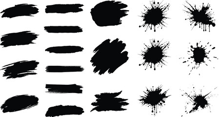 Set of splashes, blots. Black inked splatter dirt stain splattered spray splash with drops blots isolated. Inky blots in urban street style, blobs or stripes. Isolated vector illustration - obrazy, fototapety, plakaty