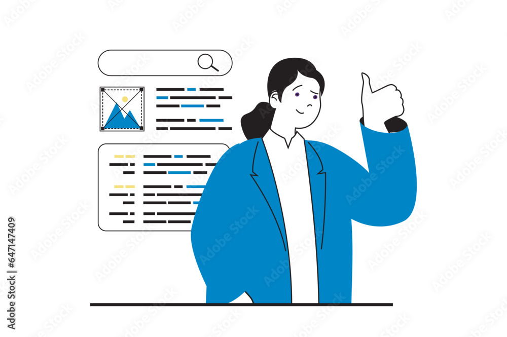 Aufkleber web development concept with people scene in flat design. woman creating wireframe website layout pl