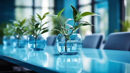 Modern minimalist corporate conference room with glass table in blue shades. Generative AI