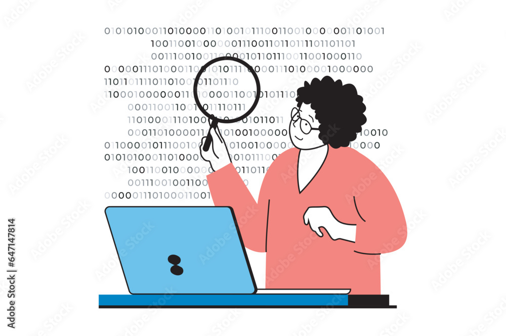 Poster Web development concept with people scene in flat design. Woman with magnifier searching bugs at program code for settings and fixing. Vector illustration for social media banner, marketing material.