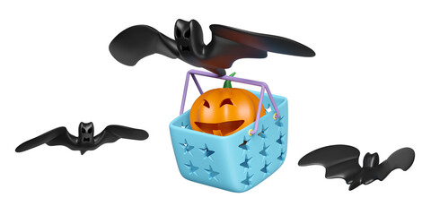 3d happy halloween party with bats, pumpkin head in shopping basket isolated. 3d render illustration