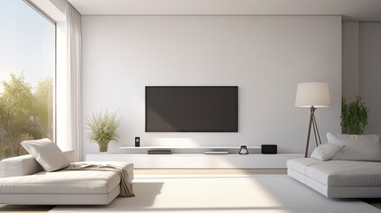 Modern minimalist living room with TV and beige sofa.