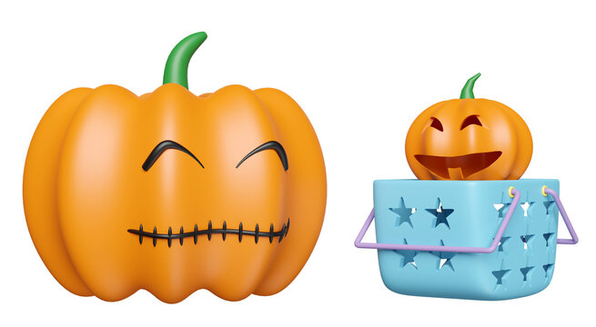 3d happy halloween party with pumpkin head in shopping basket isolated. 3d render illustration