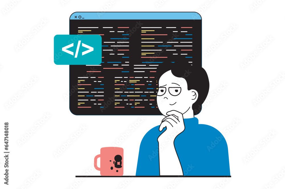 Aufkleber Web development concept with people scene in flat design. Man creating programming code and working at computer with abstract scripts. Vector illustration for social media banner, marketing material.
