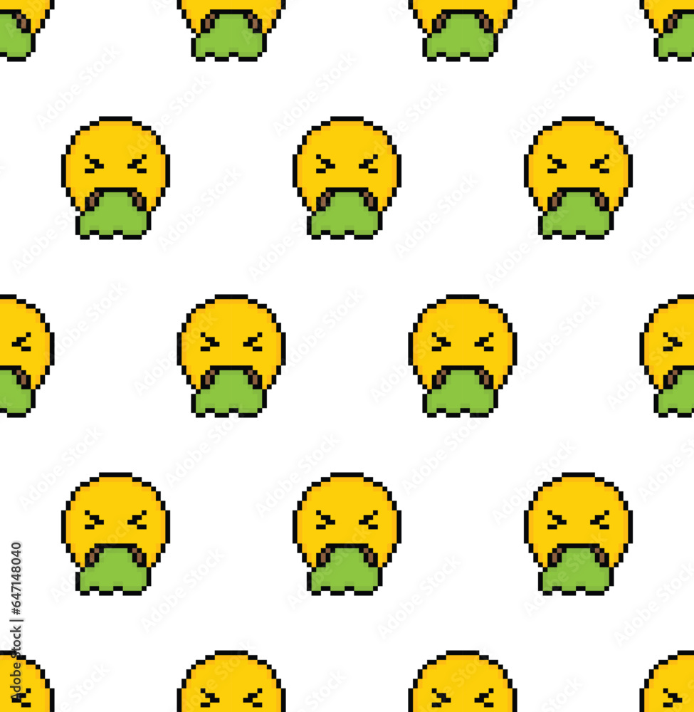 Poster pixel vomiting face seamless pattern vector vomit emoji sign background pixel art for 8 bit game