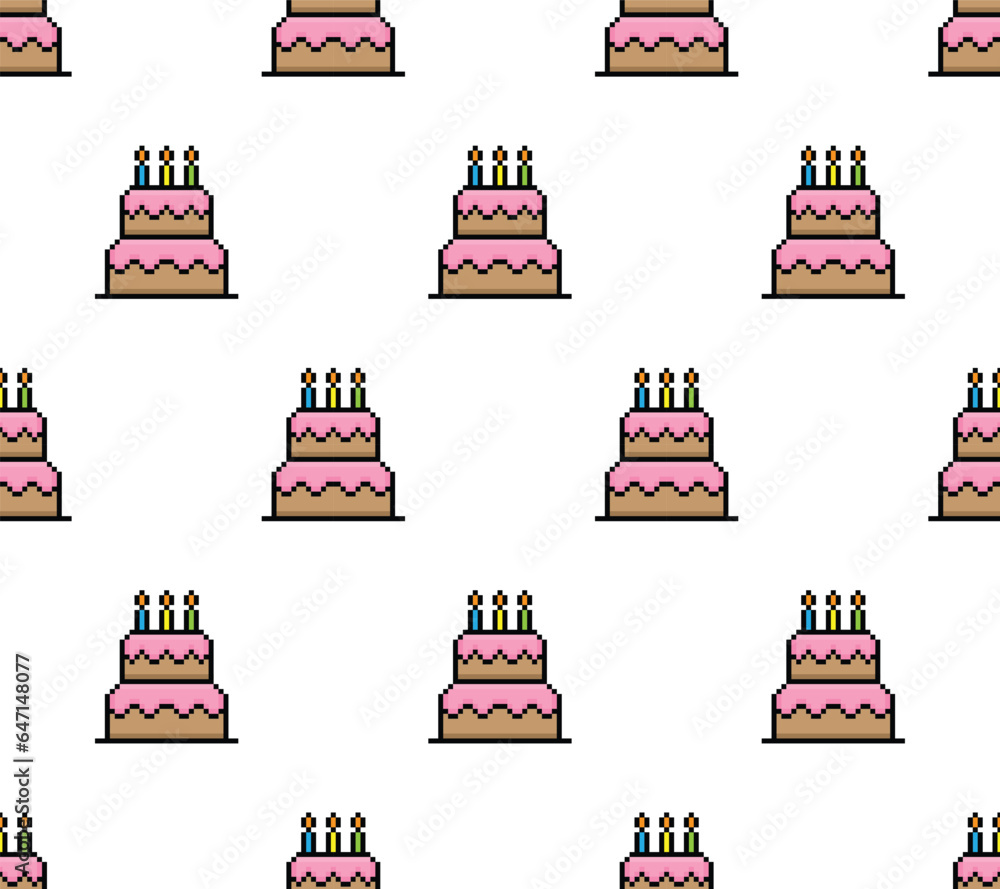 Poster pixel cake seamless pattern vector hapy birthday background pixel art for 8 bit game