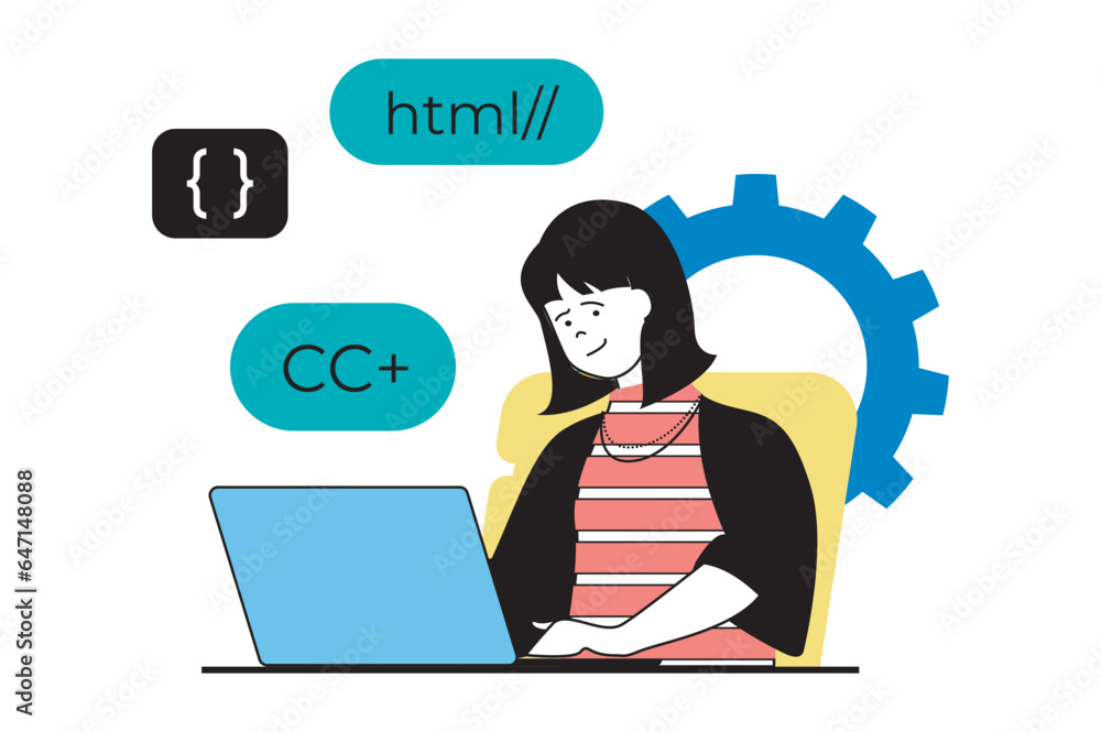 Leinwandbilder web development concept with people scene in flat design. woman working at laptop, coding and engine