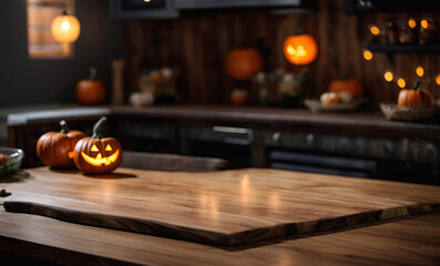 The wooden countertop from the front perspective, the central space of the picture is used for ready to mockup, the background is an out-of-focus Halloween setup. 