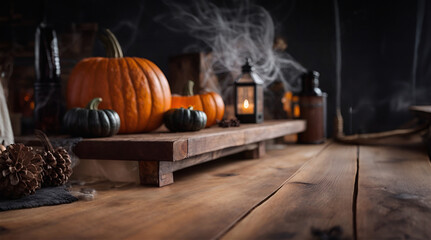 The wooden countertop from the front perspective, the central space of the picture is used for ready to mockup, the background is an out-of-focus Halloween setup.