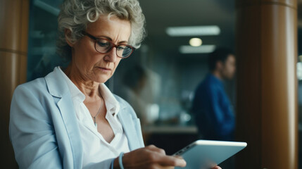 Fototapeta na wymiar A doctor old lady holding a tablet
