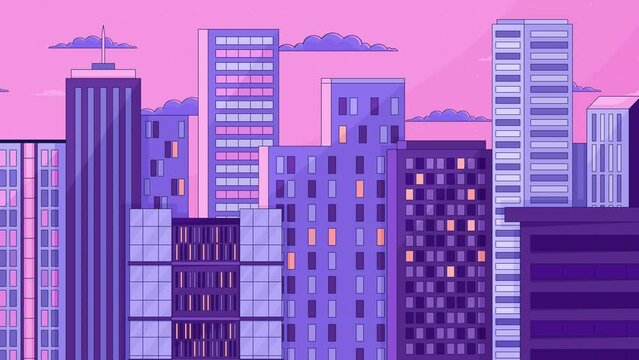 Twilight skyscrapers cartoon animation. High rise buildings sundown dusk 4K video motion graphic. Sunset downtown 2D animated background full frame, after hours aesthetic lofi live wallpaper
