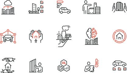 Vector set of linear icons related to building technology, smart houses, urbanism, modern innovation for comfort. Mono line pictograms and infographics design elements - part 3