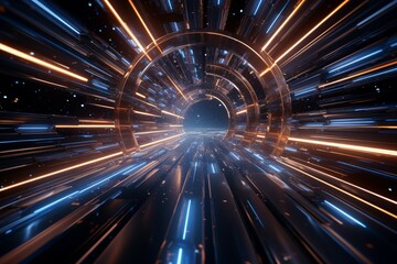 Tech inspired 3D rendering showcases a digital cyberspace tunnel in a futuristic backdrop - obrazy, fototapety, plakaty