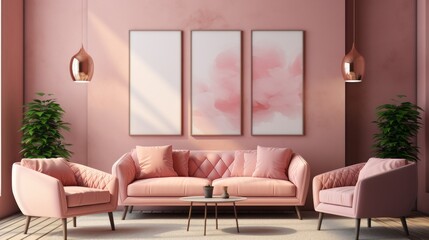 Against a pink stucco wall with a poster frame, pink sofa and armchairs lie next to a pink stucco wall with pink sofas and armchairs. Art deco interior design of modern living room