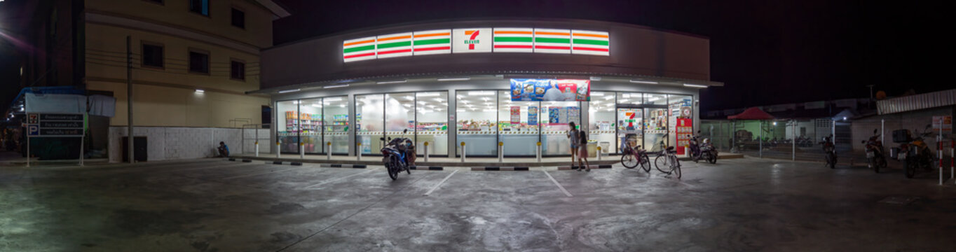 BANGKOK, THAILAND - September 13, 2023: 7-Eleven convenient store serves community late into the night as usual in Bangkok. 7-Eleven is the largest convenient store chain in Thailand