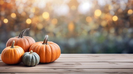 Pumpkins on gray wooden tabletop on blurred garden background.
