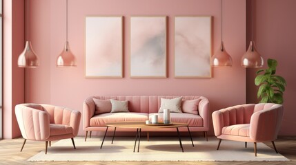 Against a pink stucco wall with a poster frame, pink sofa and armchairs lie next to a pink stucco wall with pink sofas and armchairs. Art deco interior design of modern living room