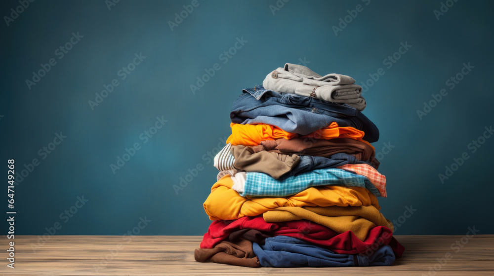 Poster stack of colorful clothes. pile of clothing on table empty space background.