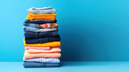 Stack folded colorful clothing summer jeans on blue background - obrazy, fototapety, plakaty