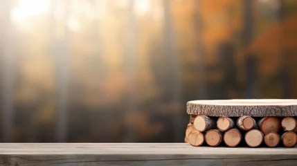 Zelfklevend Fotobehang Stack of firewood grey wooden table, autumn bokeh blurred background, copy space © tashechka