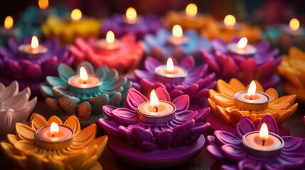 Colorful clay diya lamps with candles adorned with flowers on a purple background