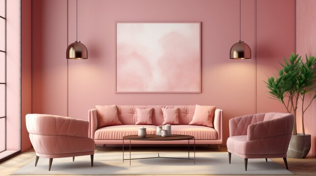 Against a pink stucco wall with a poster frame, pink sofa and armchairs lie next to a pink stucco wall with pink sofas and armchairs. Art deco interior design of modern living room