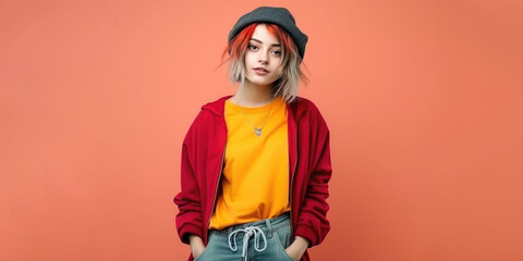 Generative AI, stylish fashionable teenager with a trendy hairstyle on a colored background, beautiful girl, youth, student, party, new generation, zoomer, space for text