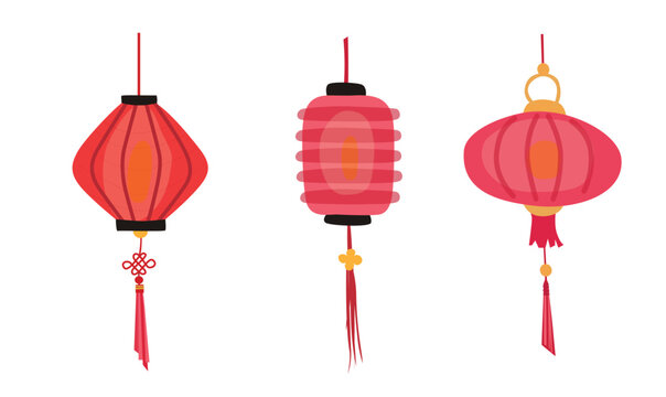 Paper lantern vector illustration set. Mid autumn festival concept. Traditional chinese or asian lantern. Handmade paper lamp. Flat vector in cartoon style isolated on white background.