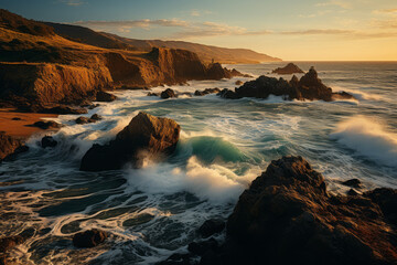 Obraz premium Coastal seascape with waves crashing on rocky cliffs illuminated by the setting sun during golden hour, Generative AI