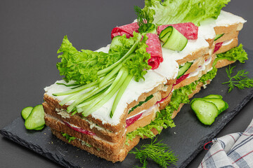 Swedish sandwich cake Smorgastarta. Traditional served cold snack, ready to eat