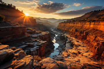 Dramatic canyon landscape with deep shadows and warm highlights during the golden hour, Generative AI