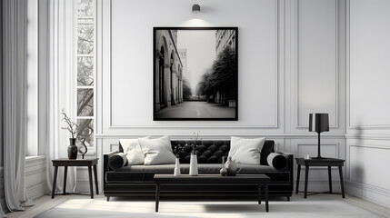Explore the elegance of monochromatic interiors in this highly detailed photograph. It captures a living space with shades of black, white, and gray, exemplifying the timeless and sophisticated nature