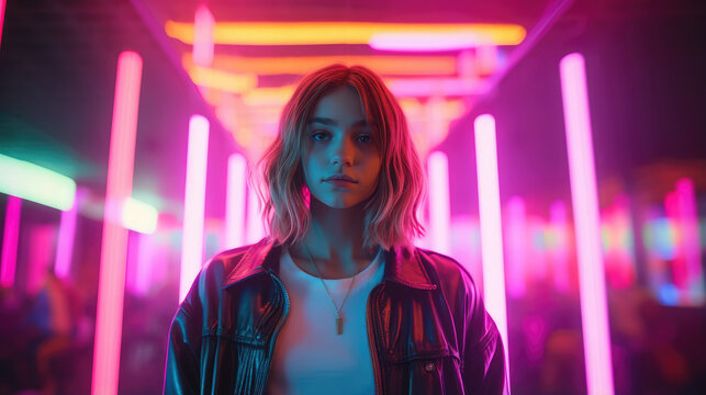 Generative AI, stylish fashionable teenager with a trendy hairstyle on a colored background, beautiful girl, youth, student, party, new generation, zoomer, space for text