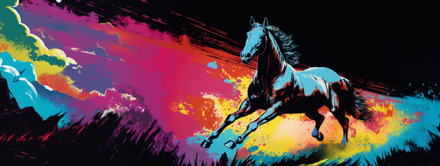 A black horse running on a colorful background. The background is a mix of pink, blue, yellow and black colors. Dark and dramatic mood.