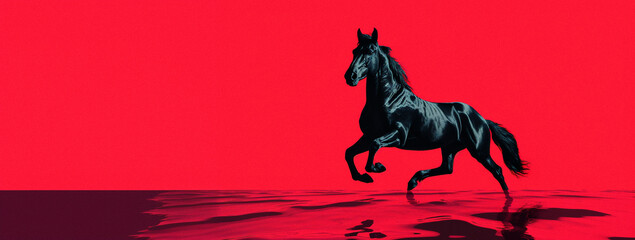 A black horse galloping on a solid red background. The horse is in a mid-gallop position with its front legs in the air and its hind legs on the ground. Surreal and dramatic mood.