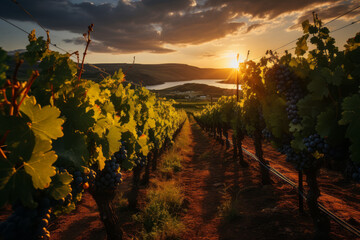 Picturesque vineyard with rows of grapevines drenched in golden light at sunset during golden hour,...