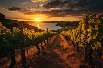 Picturesque vineyard with rows of grapevines drenched in golden light at sunset during golden hour, Generative AI