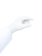 Hand wearing gloves, white gloves, germ-free white gloves, germ-free doctor gloves, green background