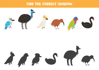 Find shadows of cute Australian birds. Educational logical game for kids. Printable worksheet for preschoolers.
