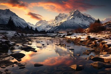 Pristine alpine lake reflecting snow-capped peaks in the soft light of the golden hour, Generative...